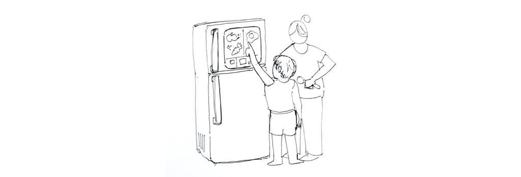 A sketch of a mother and child charting out their meals on a fridge door