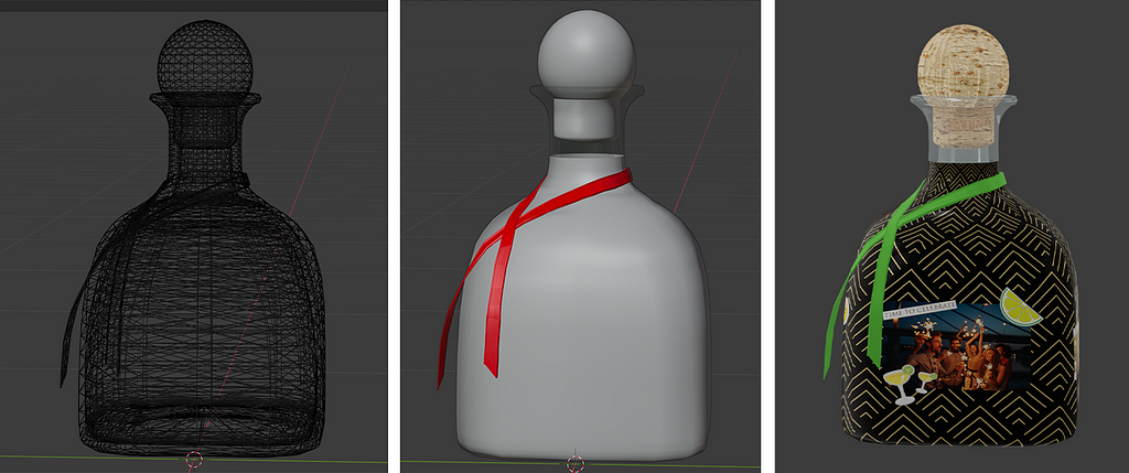 3D model renderings of the classic silver Patrón bottle.