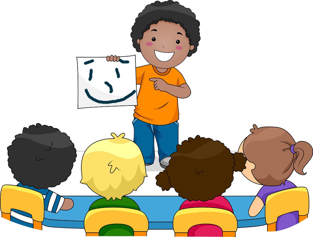 Kid sharing a drawn image of a smiley face in front of a group of kids who are sitting at a table