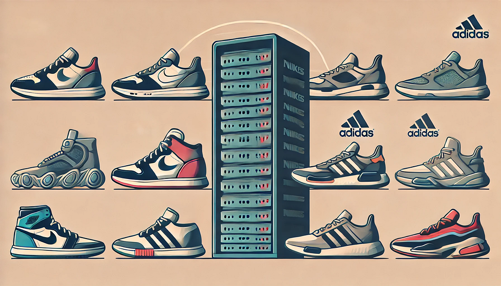 An image with a server and sneakers around it, representing sneaker proxies