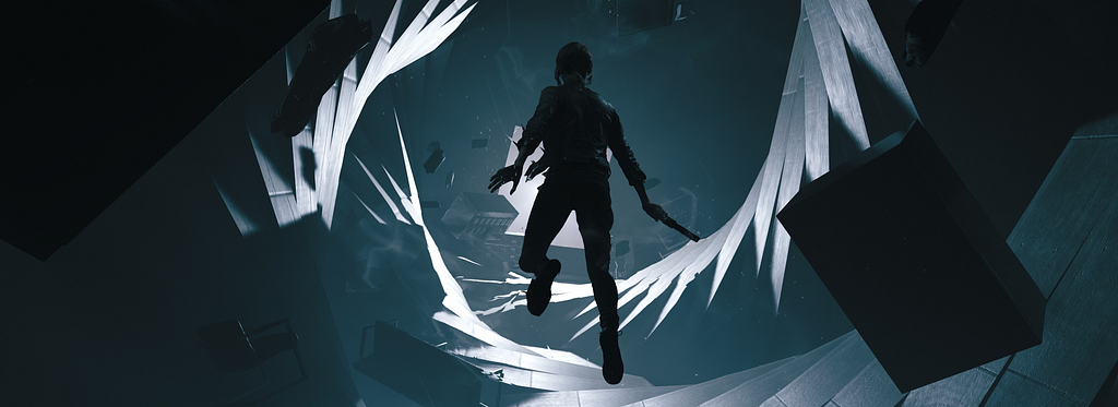 Artwork of the game Control from Remedy Studios. The main heroine flying through a supernatural corridor.