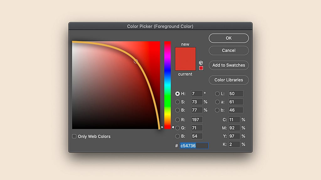 Photoshop color picker with a yellow line overlay indicating a curved path