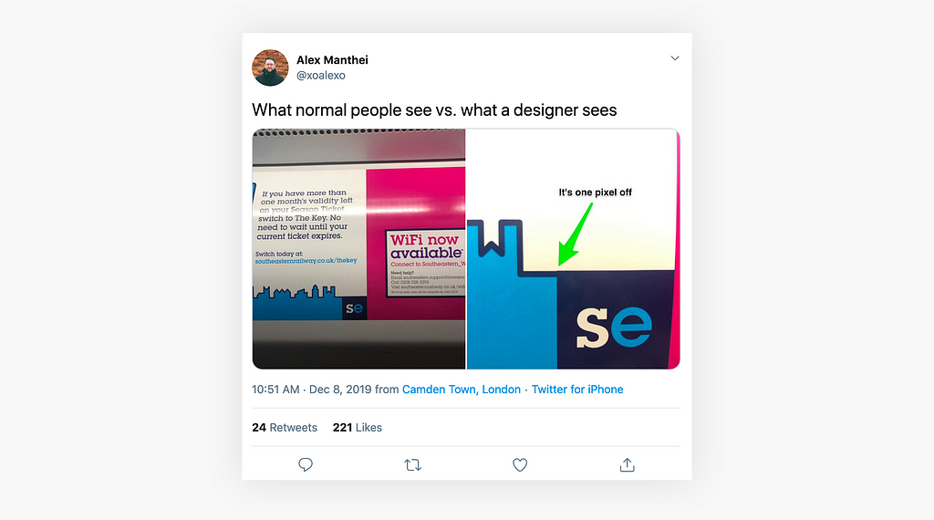 Tweet showing what normal people see vs what designers see, one pixel out.