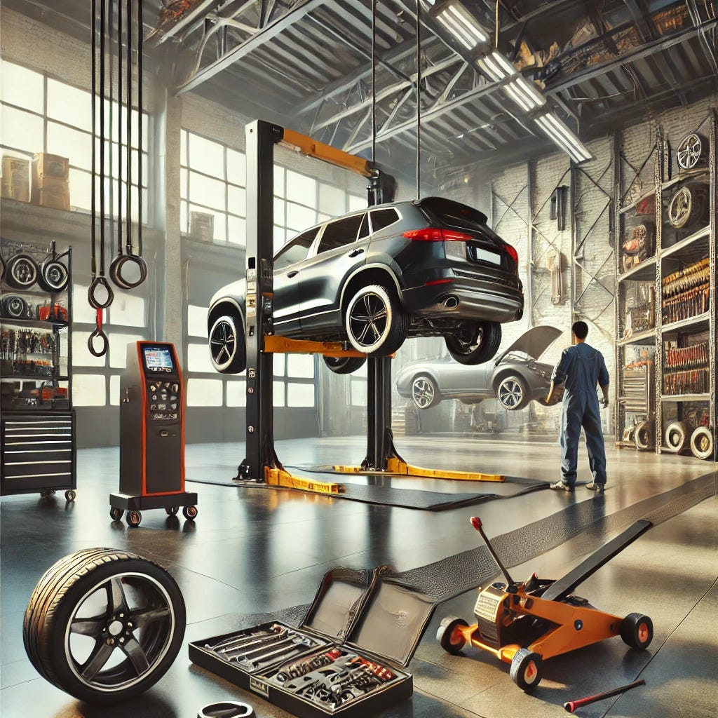 Mechanic using Stand Design lifting equipment in a modern automotive workshop.