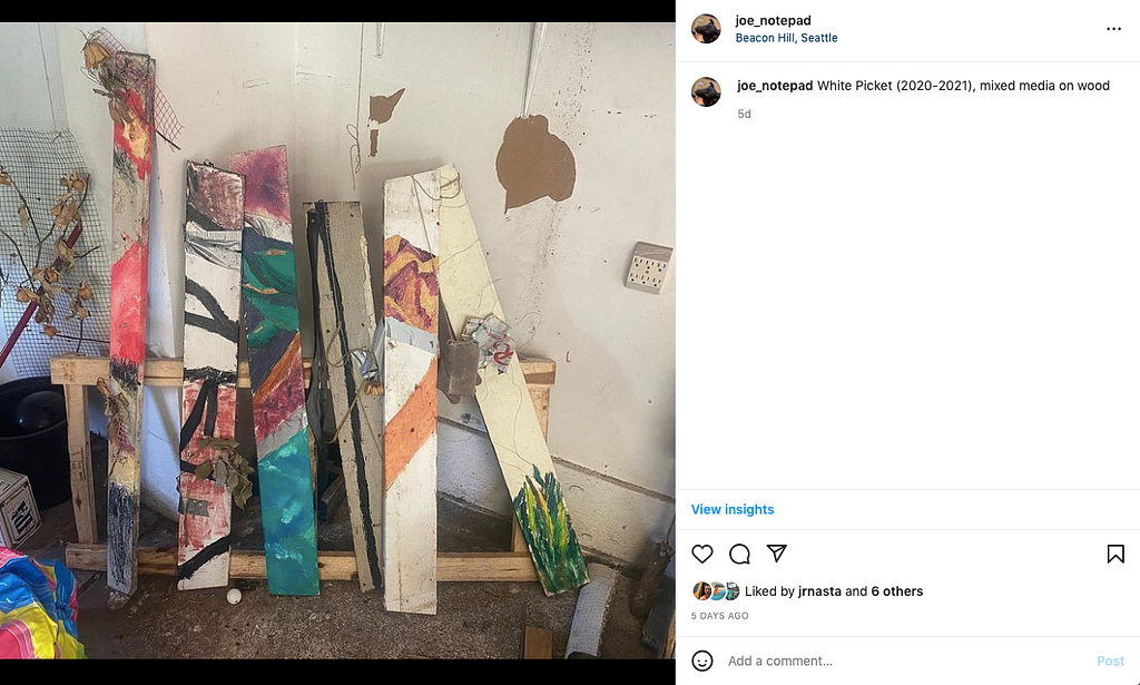 screenshot of Instagram post featuring multimedia trash sculpture