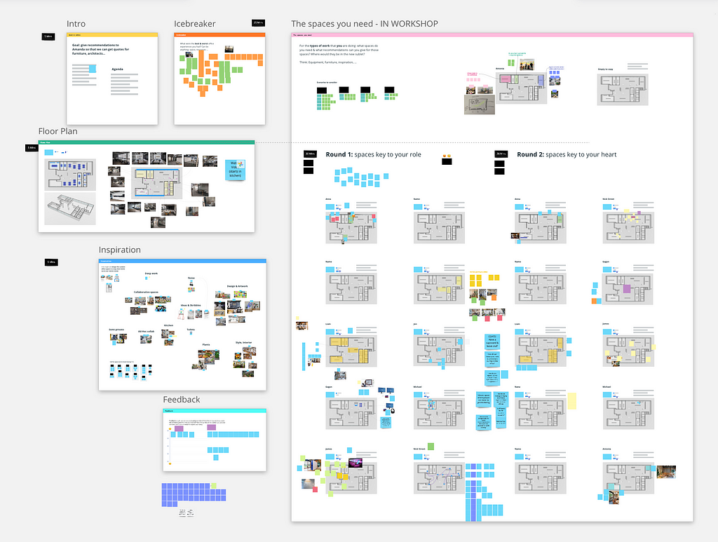 A screenshot of a Miro board with several frames, containing: photos of the office space, a plan of the office, inspiration for the look and feel and a feedback section.
