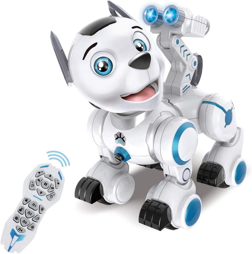 A cute white and blue robot dog