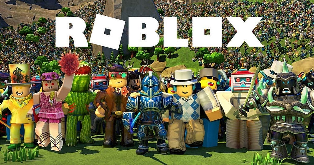 Roblox Logo with a bunch of characters in a virtual forest setting