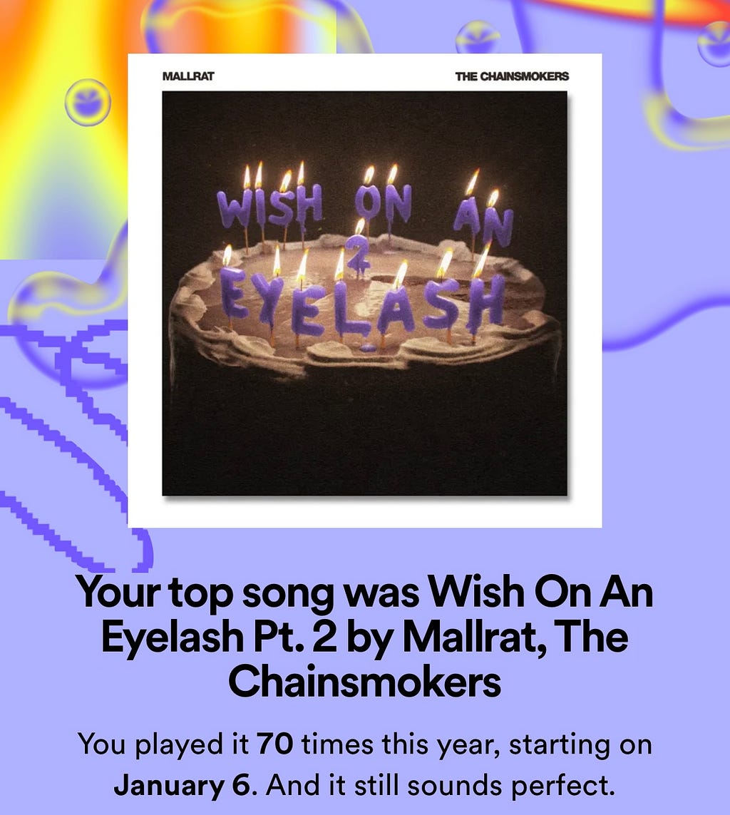 Screenshot from My Spotify Wrapped 2023 Shows My Top Song Was “Wish On An Eyelash Pt. 2 by Mallrat and The Chainsmokers