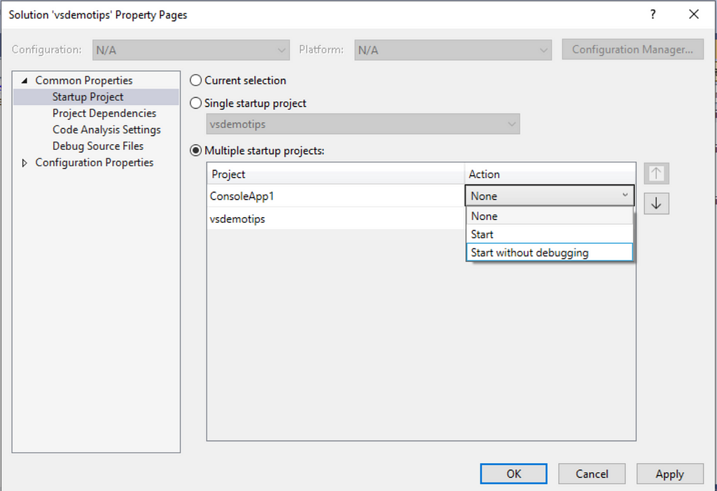 Choose Start from the Action Dropdown to debug your applications