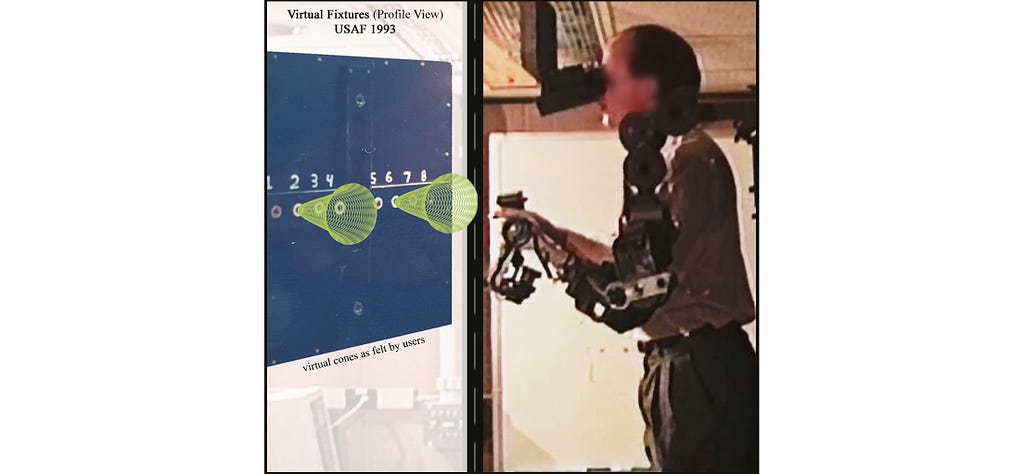 Virtual Fixtures project (1991–1994) at Air Force Research Laboratory — first Mixed Reality (MR) experiments in augmented real / virtual 3D space.