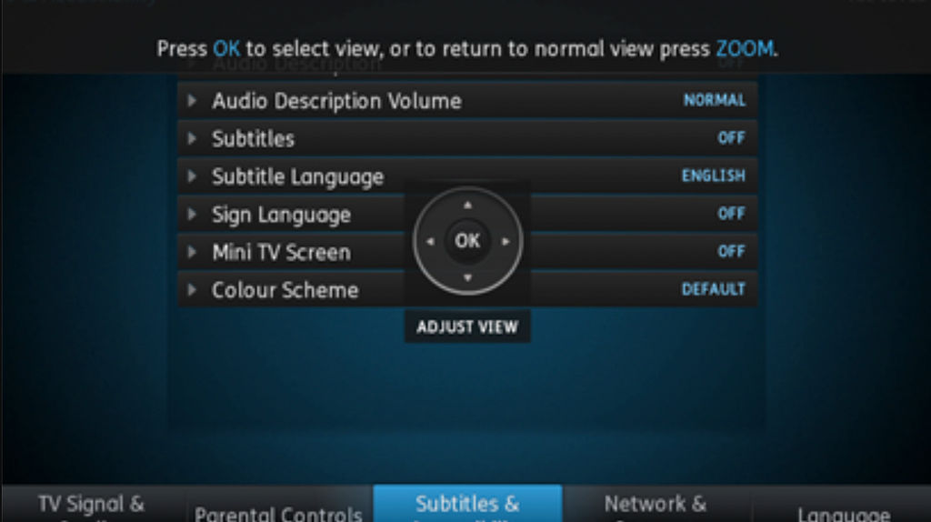 YouView in Zoom mode on the Accessibility Features menu