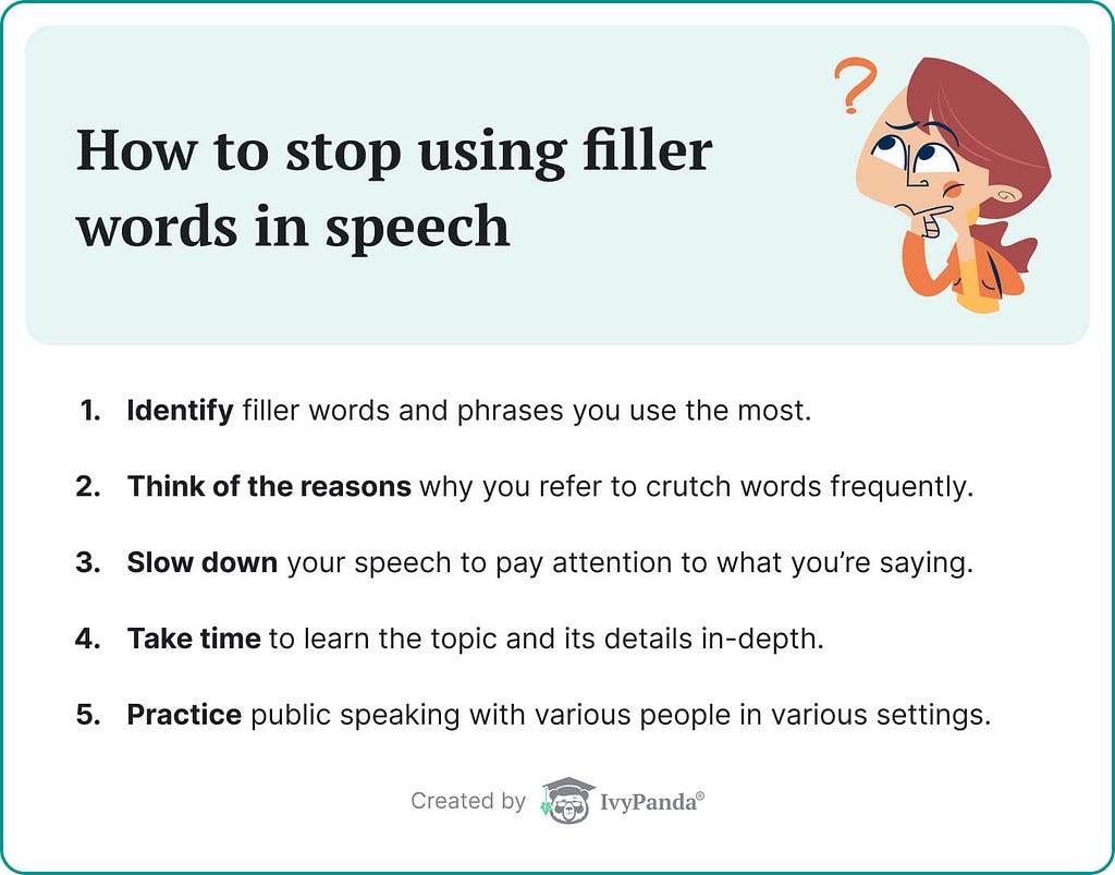 The picture provides an easy tutorial on eliminating filler words from speech.