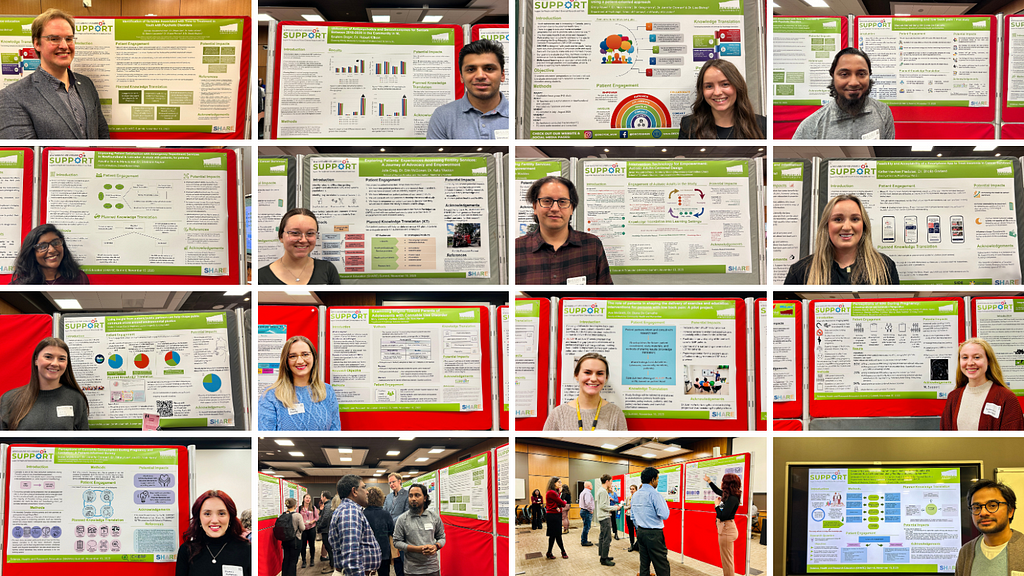A collection of sixteen photos, arranged in four rows of four, of attendees at the SHARE Summit 2023. The photos show a graduate or undergraduate student standing in front of their poster or people engaged in conversation with students at their poster.