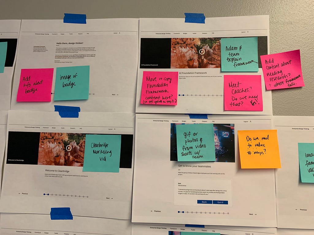 Screens from the course printed out on paper and comments about those screens on sticky notes