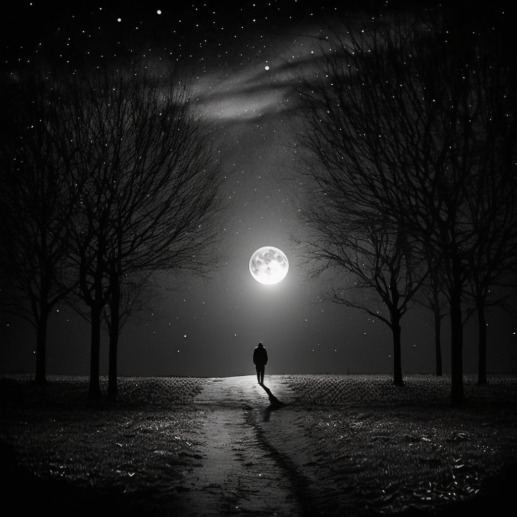 A man walking under a full moon, trees with no leaves on either side. Stars in the sky.