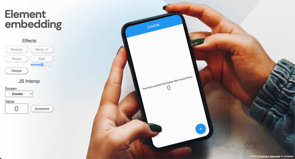 A screenshot of a Flutter web demo. The traditional Flutter counter app is shown, but it is skewed and transformed in CSS to look as if it is part of a photo where a woman holds an iPhone.