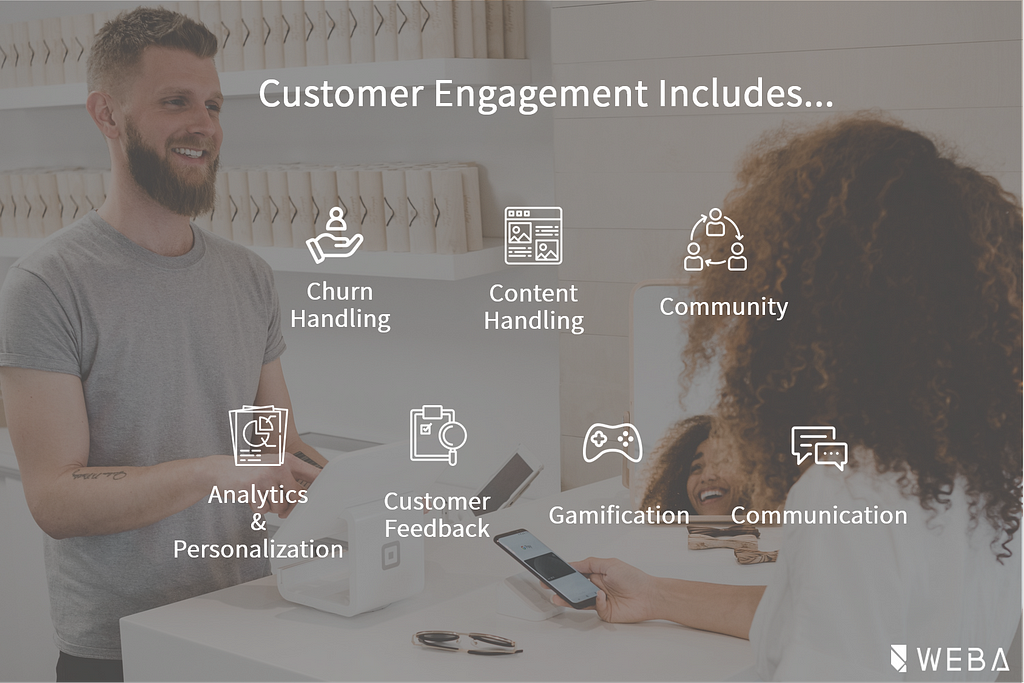 Customer engagement includes churn handling, content handling, community, analytics & personalization, etc.