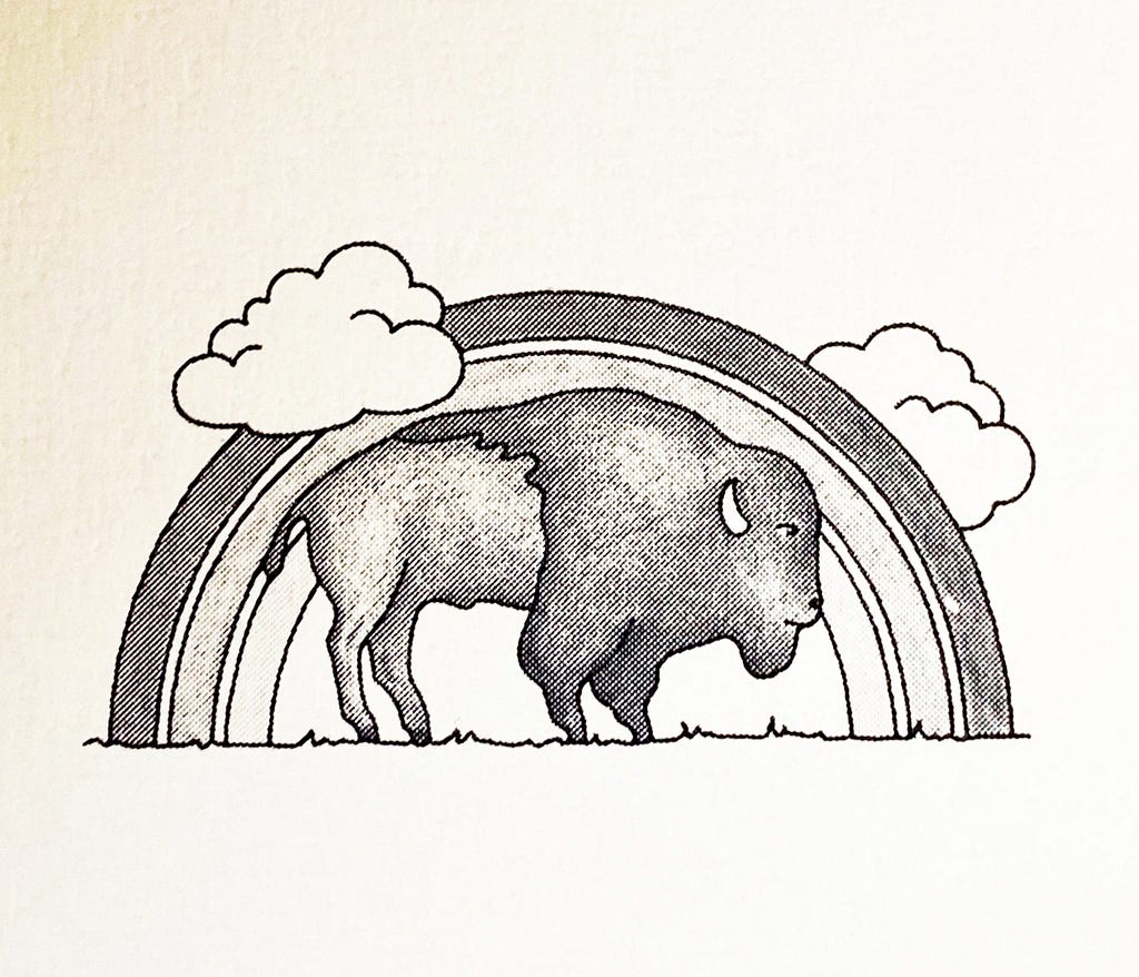 A photograph of a book page, upon which is a drawing of a buffalo standing in front of a rainbow, with clouds in the sky.