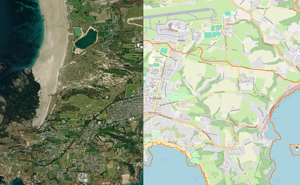 A side-by-side view of a satellite image of Jersey and an OpenStreetMap view of the same location