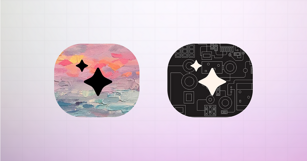 Two AI icons next to each other. One is made up of a painted, “designed” background while the other is made up of an engineering pattern