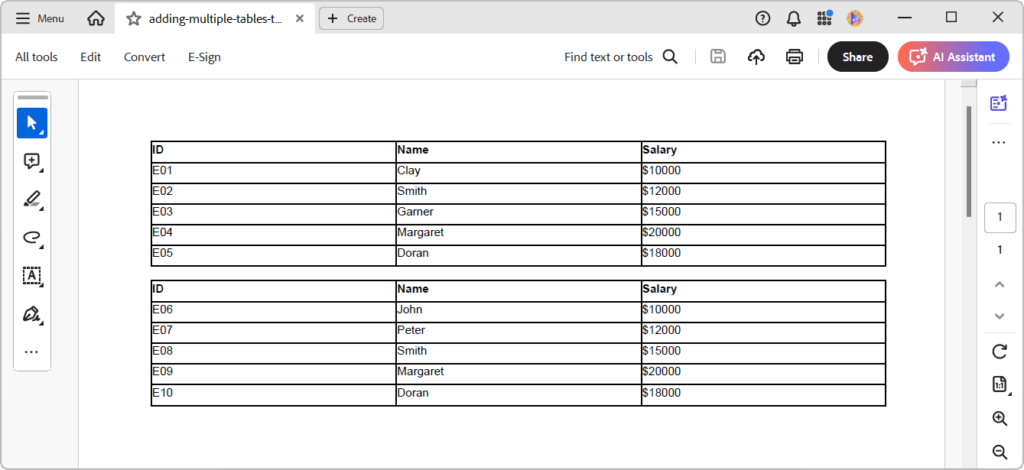 Adding multiple tables to a PDF using the .NET PDF Library