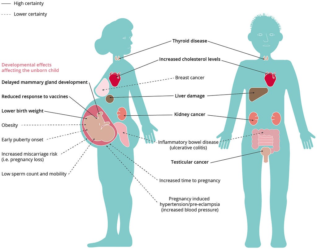 A chart showing the PFAS-associated diseases in women's and men’s bodies