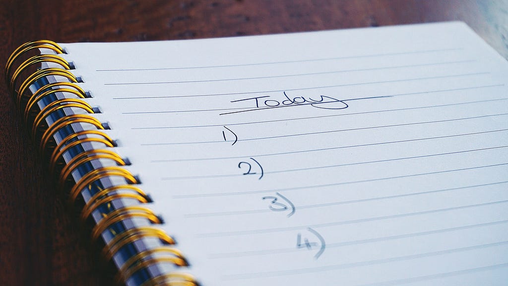 Photo of ring-bound lined notebook — title ‘Today’, entries 1), 2), 3), 4) all blank