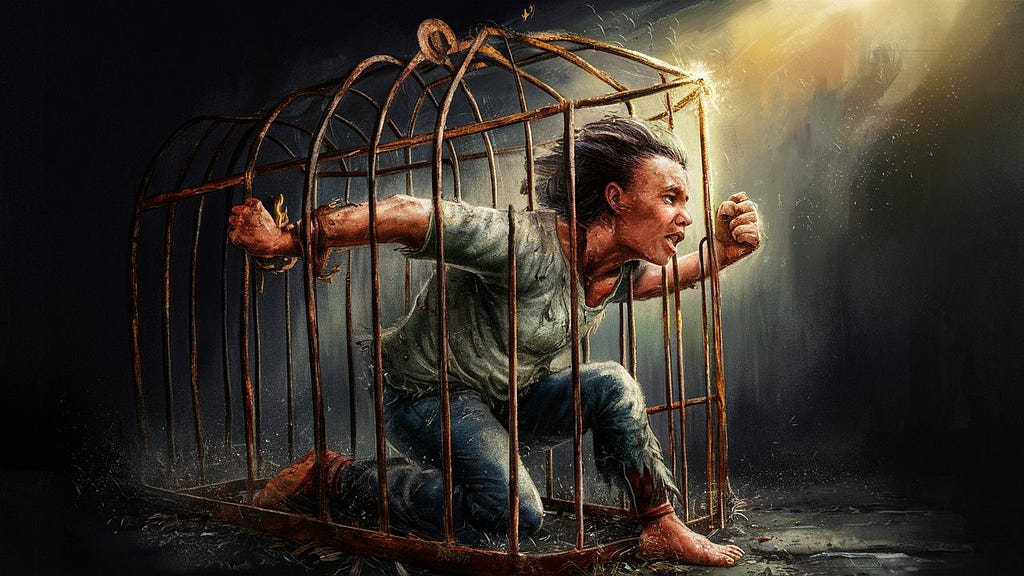 A person breaking free from chains or a cage, representing overcoming fears and limitations.