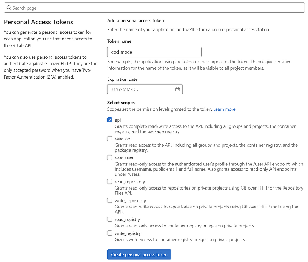 Screenshot of Personal Access Token section.
