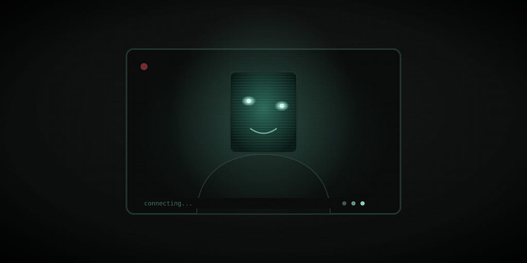 A dark video-call window with a red recording dot. Centered in the frame is a figure whose face is a glowing screen; its two glowing eyes don’t quite line up, one aimed at you, one drifting. A “connecting…” spinner is still running at the bottom even though it’s already smiling and present.