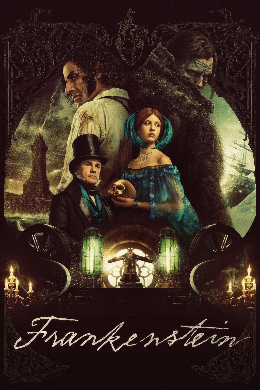 A movie poster for Frankenstein (2025), drawn in a Gothic, Victorian style.