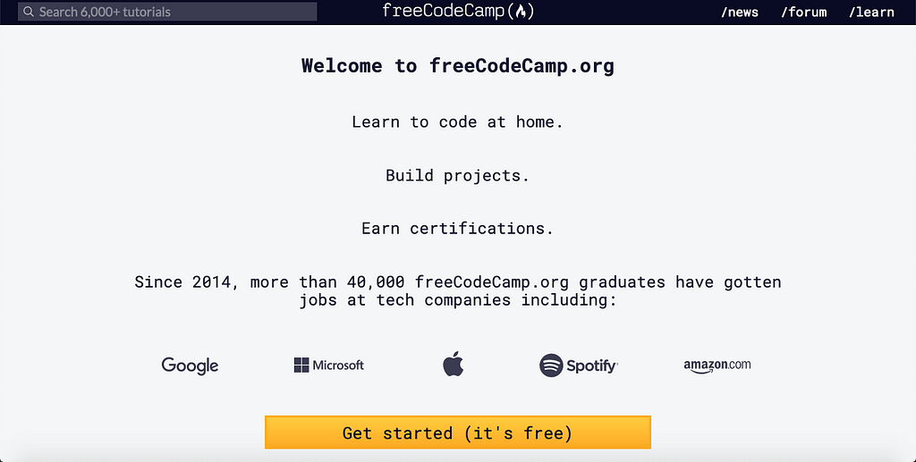Landing page for FreeCodeCamp. Text describes purpose of site (learn to code for free) and a yellow button says “get started”