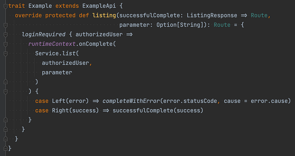 Code snippet of an example API implementation gluing together the existing Prezi-specific Scala Tech Stack and ZIO.