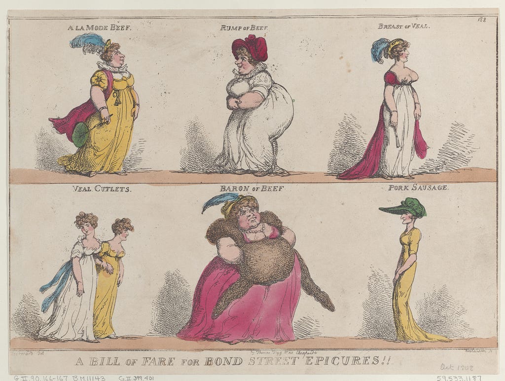 A Caricature of Women commenting on their body size from the 19th century.