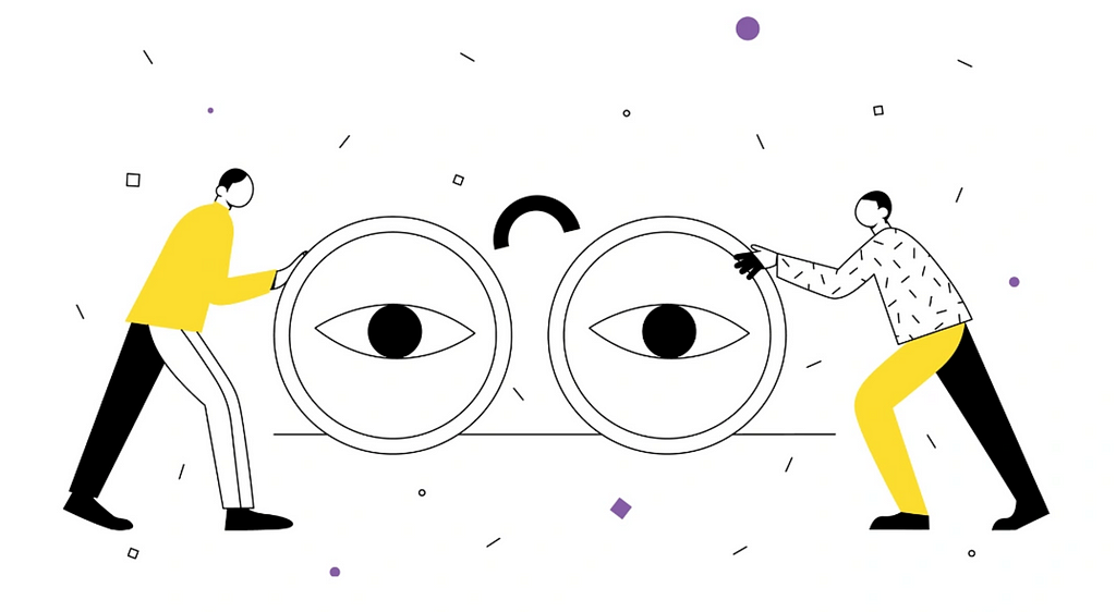 The image displays a minimalist design featuring two individuals, one on each side, interacting with oversized eyeglasses. The glasses form a binocular-like structure with two large eyes in the center. The scene is set against a white backdrop decorated with subtle geometric shapes and lines.