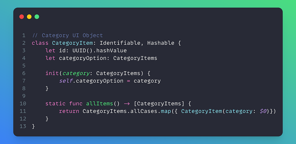 Code Snippet for the Category Item that can be used with SwiftUI components.