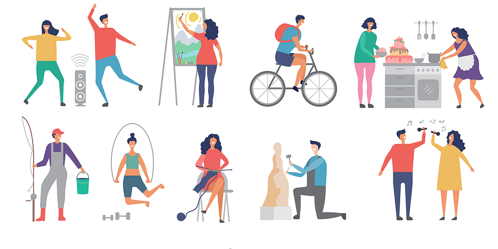 A simple drawing of people engaging in their hobbies. Left to right, dancing, painting, biking, baking, fishing, exercising, knitting, sculpting, singing.