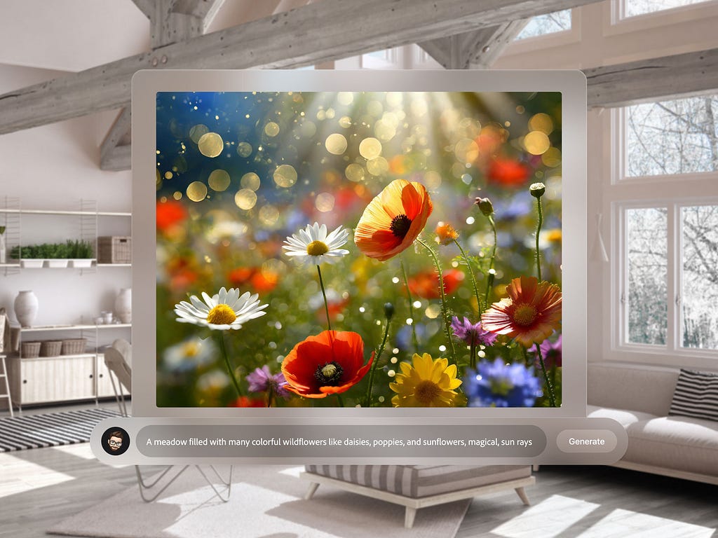 An image of a computer screen superimposed over the center of well-lit, light-colored living room with multiiple windows, bookshelves and comfortable seating. On the computer screen is a AI-generated photograph of a field of wildflowers and beneath it a prompt bar with the prompt, &quot;A meadow filled with many colorful wildflowers like daisies, poppies, and sunflowers, magical sun rays.