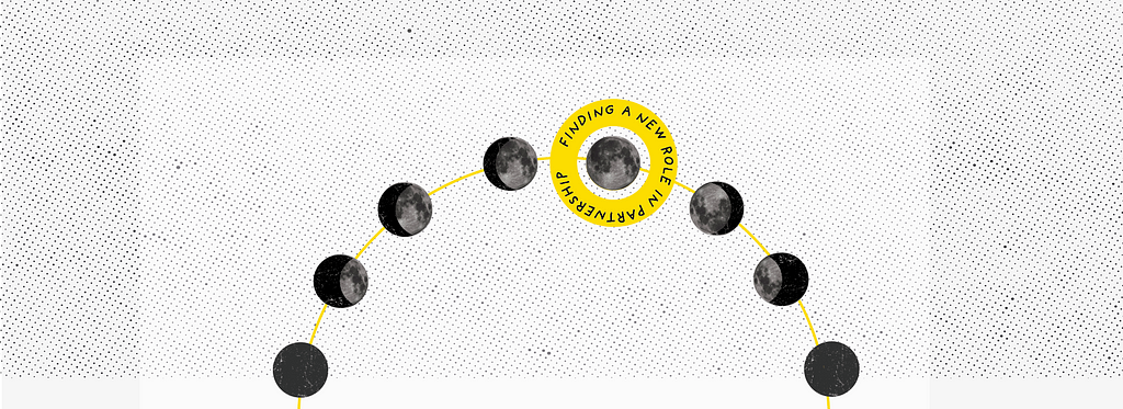 An illustration with the moon cycle and full moon highlighted with writing around stating “finding a new role in partnership”