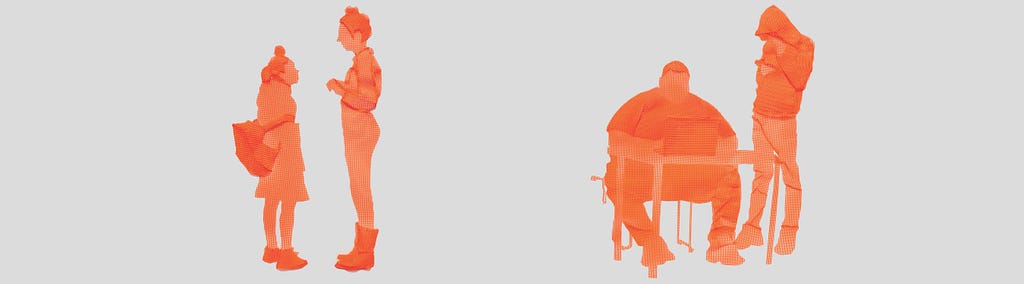 Artwork of orange mesh shaped like people.