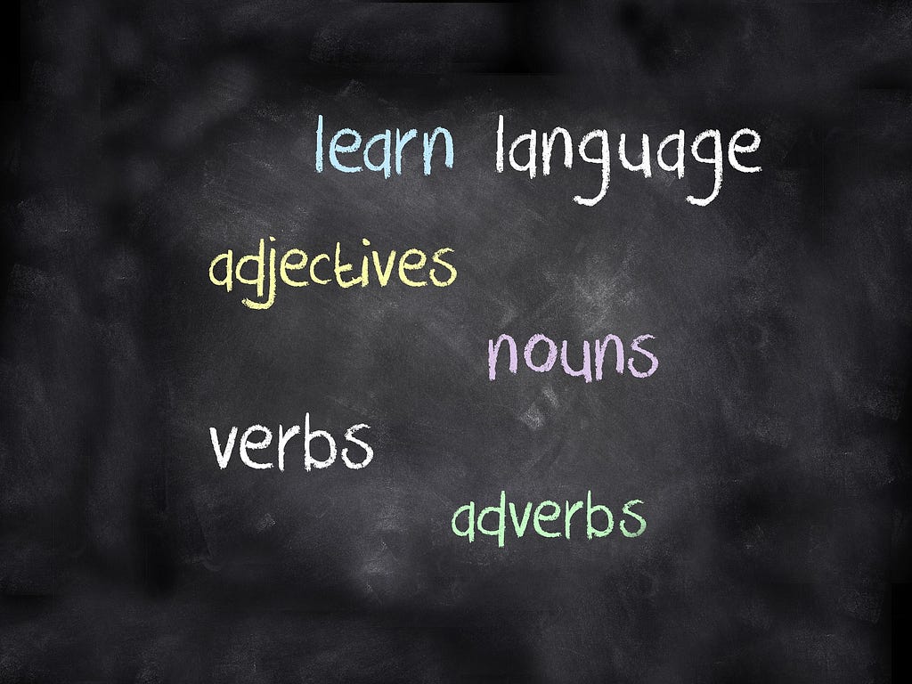 Blackboard with the words “learn language”, “adjectives”, “nouns”, “verbs”, and “adverbs” written in coloured chalk.