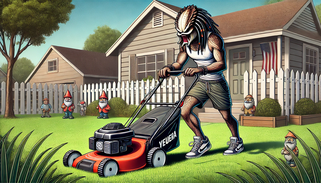 Yautja mows the lawn