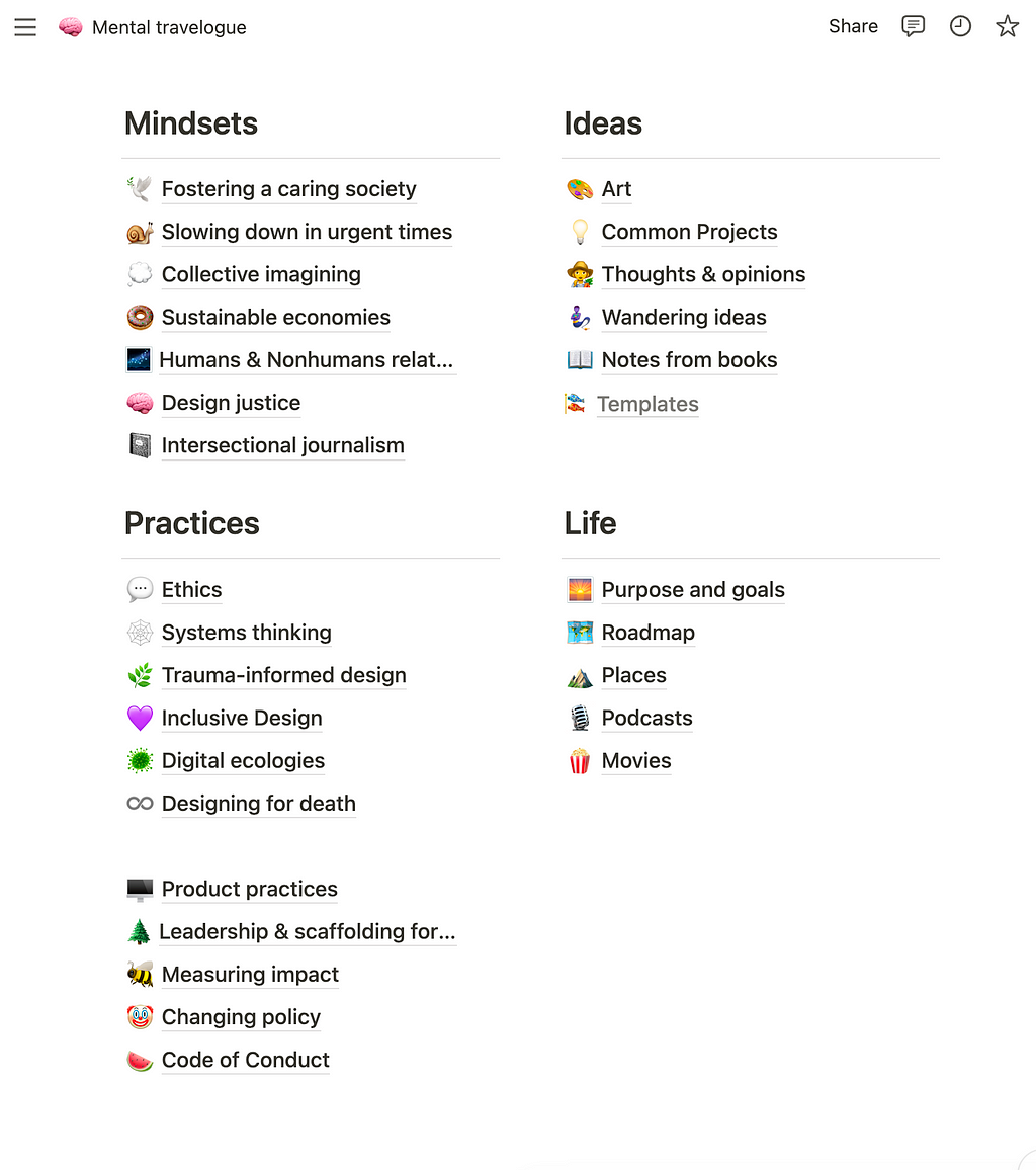 Two columns of information in Notion with the following headers: Mindsets, Practices, Ideas, and Life. These are the categories I use to sort information.