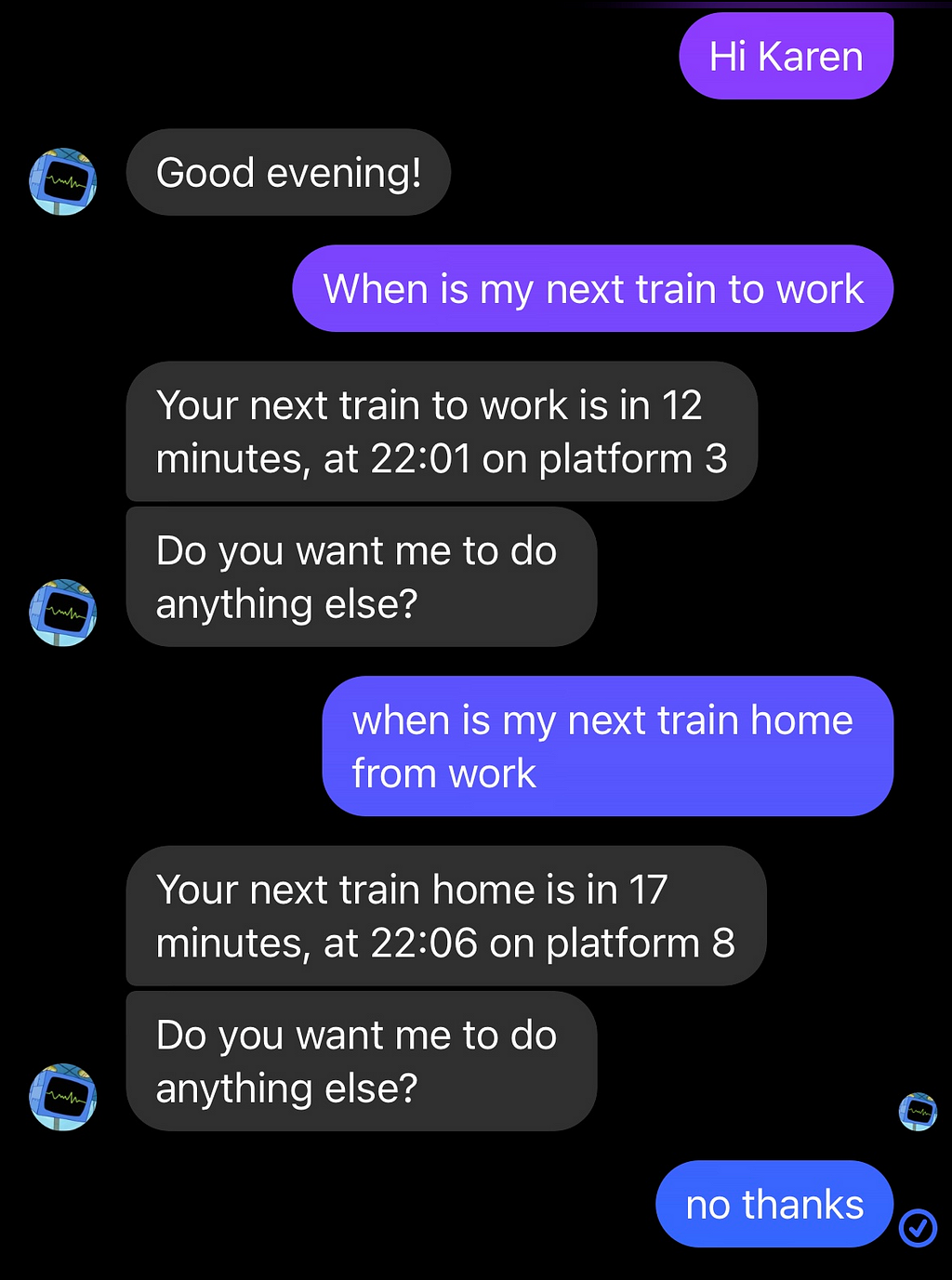 interaction and dialog flow with the KAREN chatbot over facebook messenger