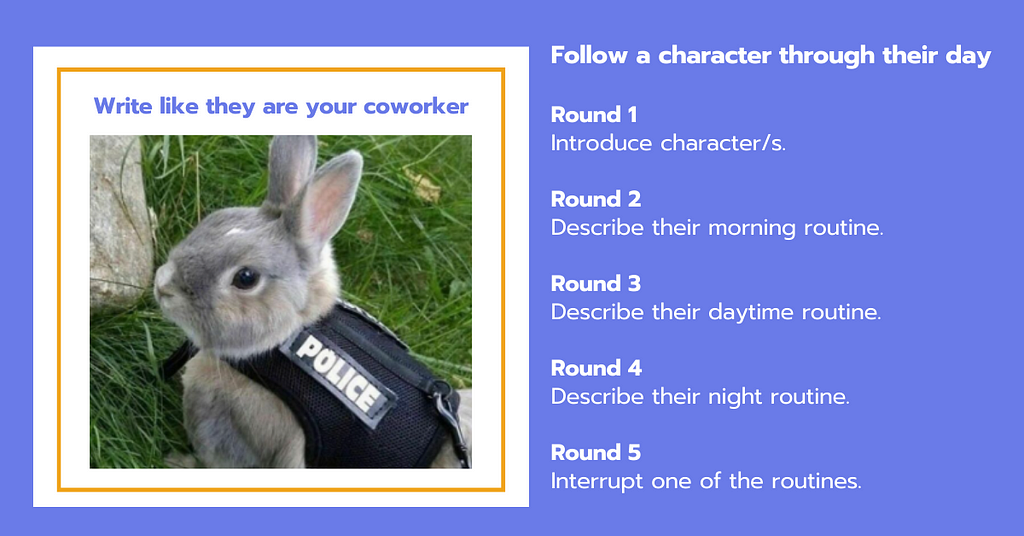 An example prompt template. Text prompt: Write like they are your coworker. Image prompt: A bunny in a police jacket. Round-by-round instructions scaffold brainstorming routines for different times of day.