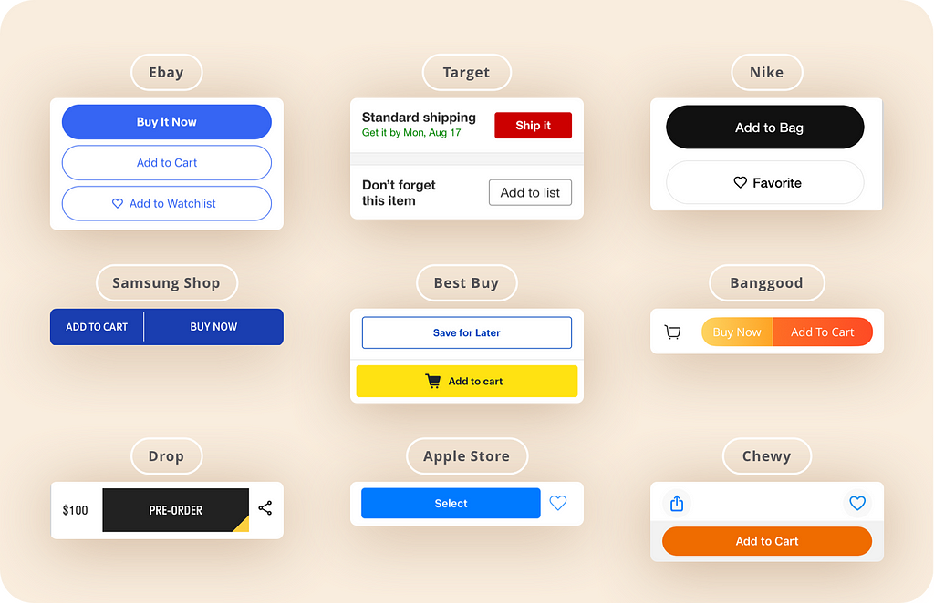 Each app has 2–3 CTA buttons. Some apps combine two buttons into one, while others stack buttons vertically or horizontally.