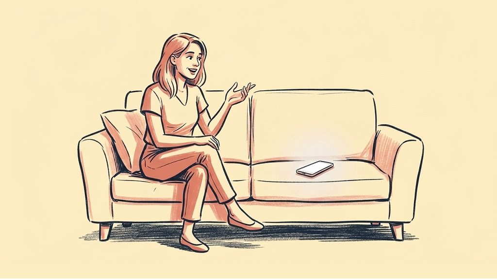 Illustration of a woman sitting on a sofa, smiling and gesturing as if mid-conversation. The other half of the sofa is empty except for a smartphone resting on the cushion, glowing softly.
