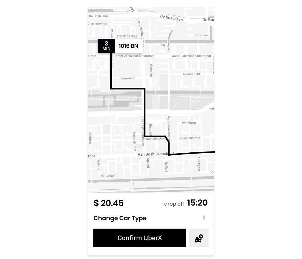 A mock up screen copying the Uber car selection one, but removing the options. Those are hidden behind a text button in here