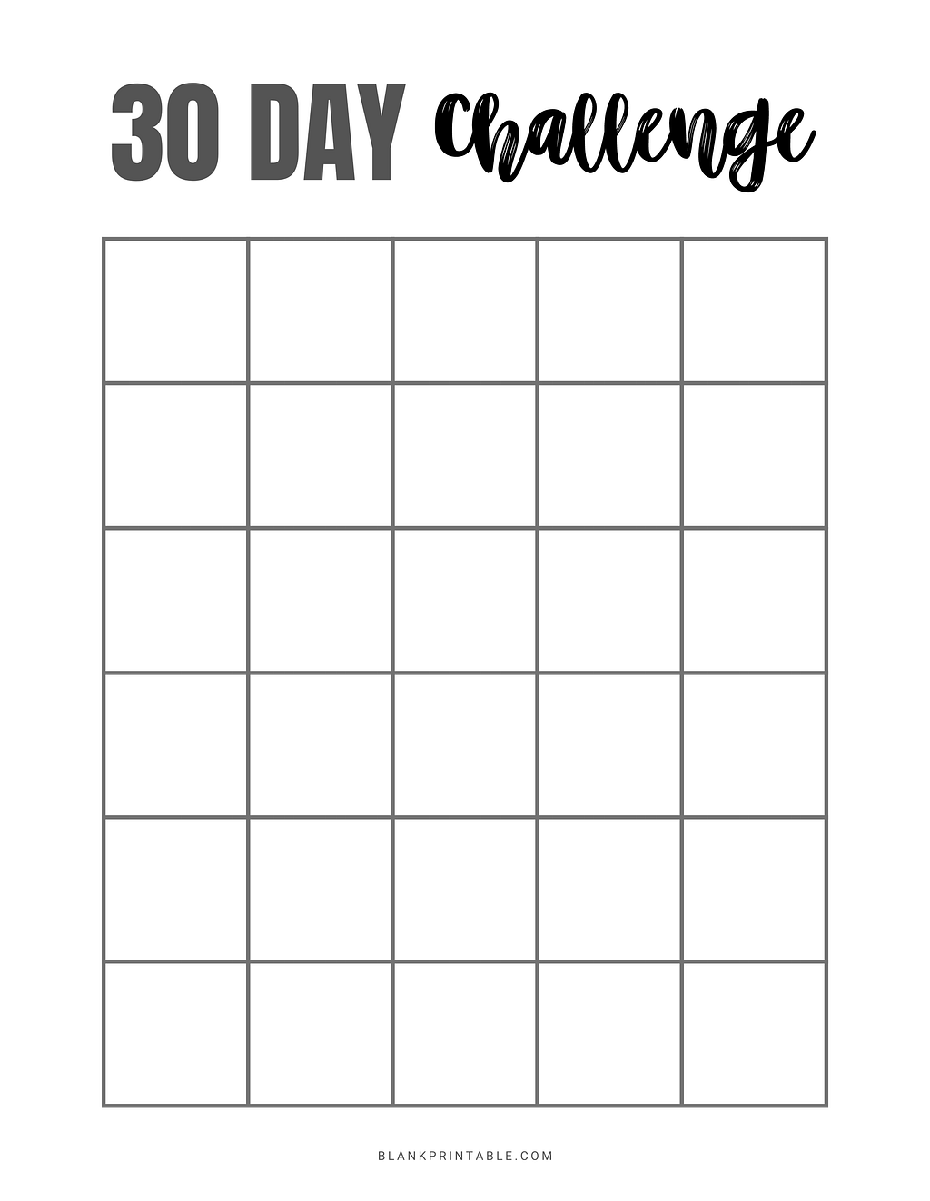 Printable 30 Day Challenge Calendar to track your progress. Blank monthly calendar planner for fitness, habit, goal.
